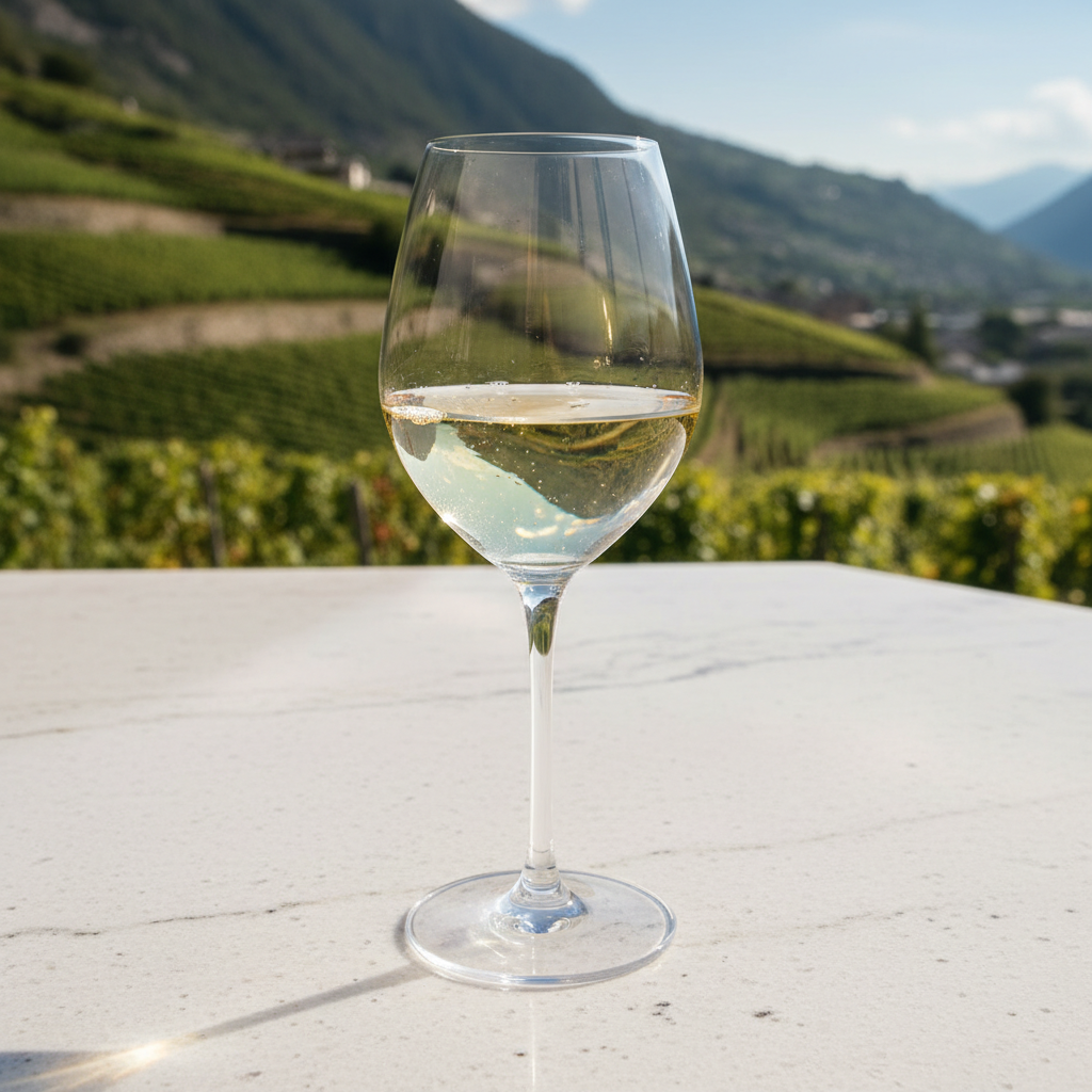 Taça de vinho branco Jacquère de cor pálida sobre uma superfície de pedra clara, com um vinhedo ensolarado e montanhas ao fundo, sugerindo a região de Savoia.