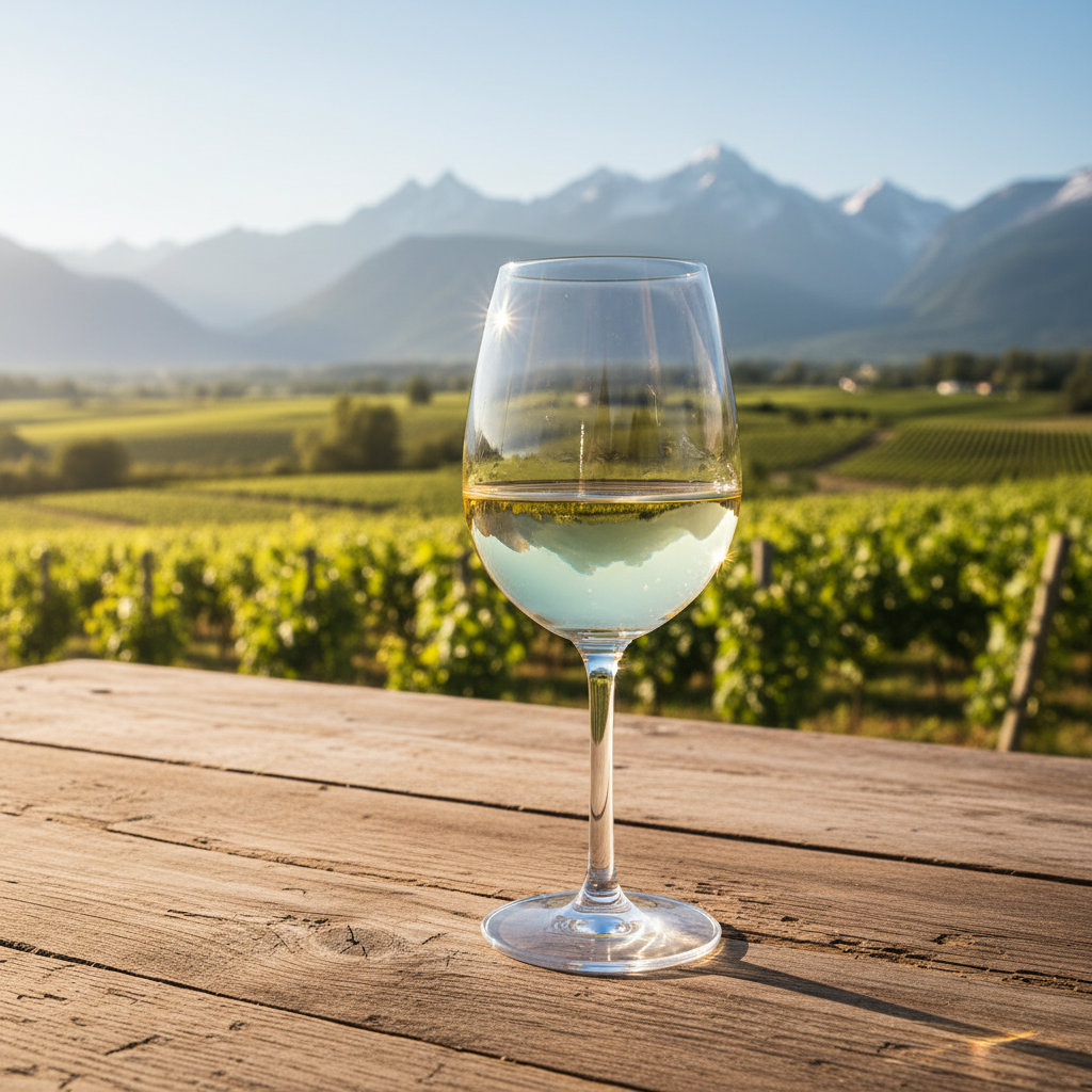 Taça de vinho branco Jacquère em uma mesa rústica, com vinhedos exuberantes e montanhas alpinas da Savoie ao fundo, sob a luz do sol.