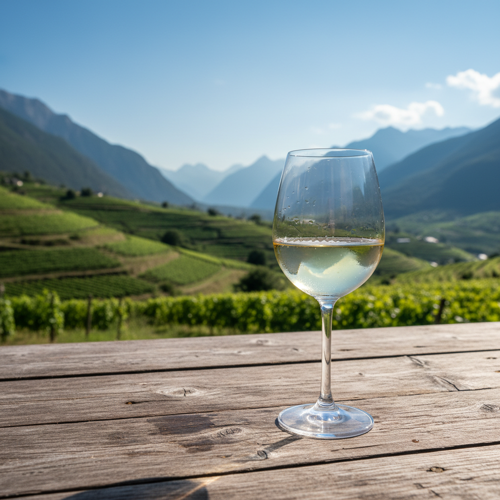 Taça de vinho branco Jacquère, com tonalidade pálida e reflexos esverdeados, em uma mesa de madeira rústica, tendo ao fundo um vinhedo alpino da Savoie sob um céu azul.