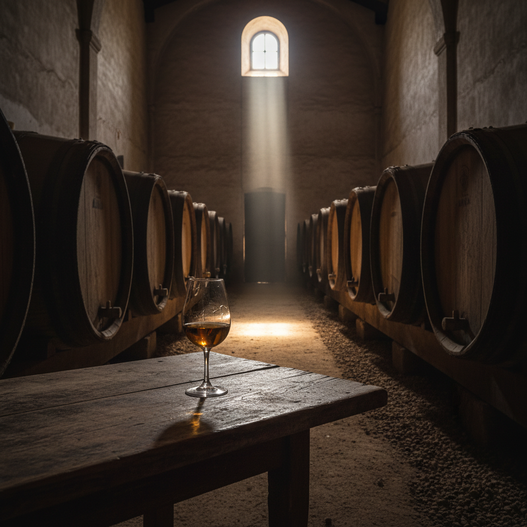 Interior de uma bodega tradicional de Jerez, com pilhas de barris de carvalho envelhecidos e um copo elegante de vinho de Jerez sobre uma mesa de madeira rústica, sob luz ambiente.