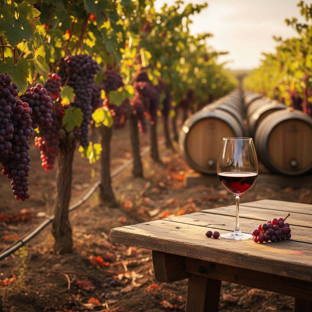 Vinhedo de Grenache sob o sol na época da colheita, com videiras carregadas de uvas vermelhas maduras e uma taça de vinho tinto em uma mesa rústica, com barris de carvalho desfocados ao fundo.