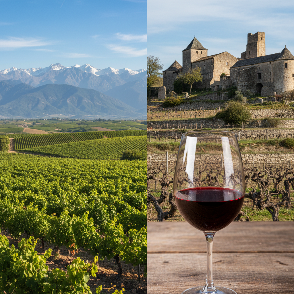Vinhedo de Malbec na Argentina com os Andes ao fundo, contrastando com um vinhedo histórico em Cahors, França, e uma taça de vinho Malbec em primeiro plano.