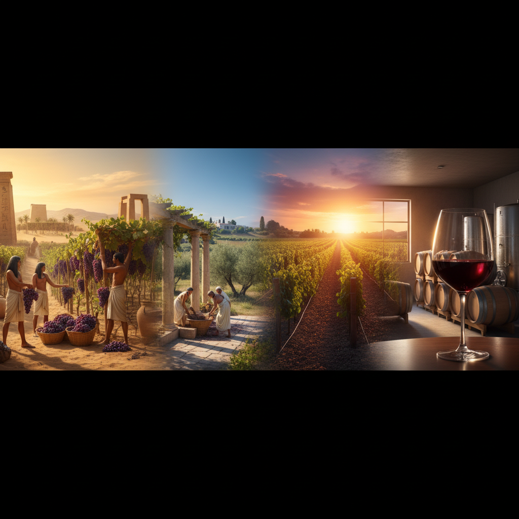 Representação visual da jornada das uvas tintas, desde vinhedos do Antigo Egito e Roma, passando por campos modernos ao pôr do sol, até um ambiente de adega com barris e taças, simbolizando sua evolução histórica.