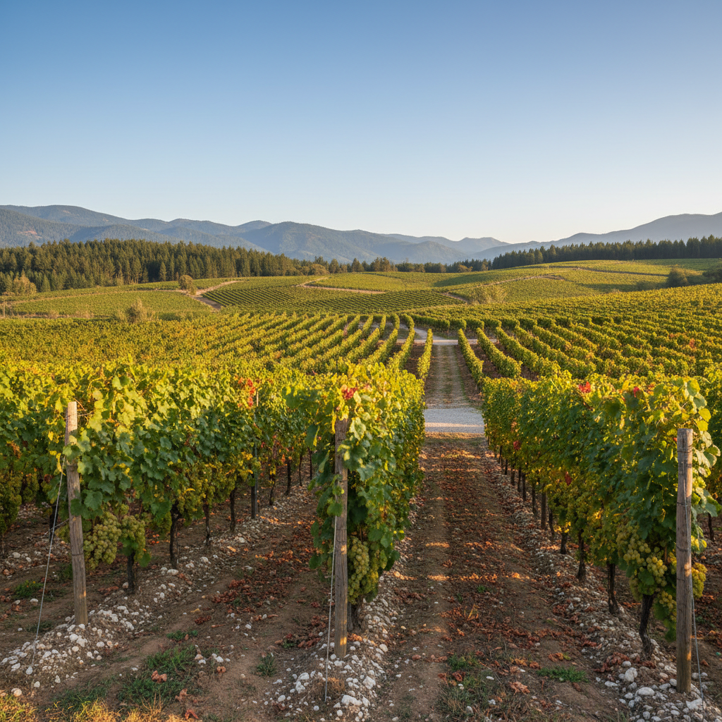 Vinhedo de uvas Kerner em um terroir ideal, com vinhas saudáveis e cachos de uva maduros sob o sol.