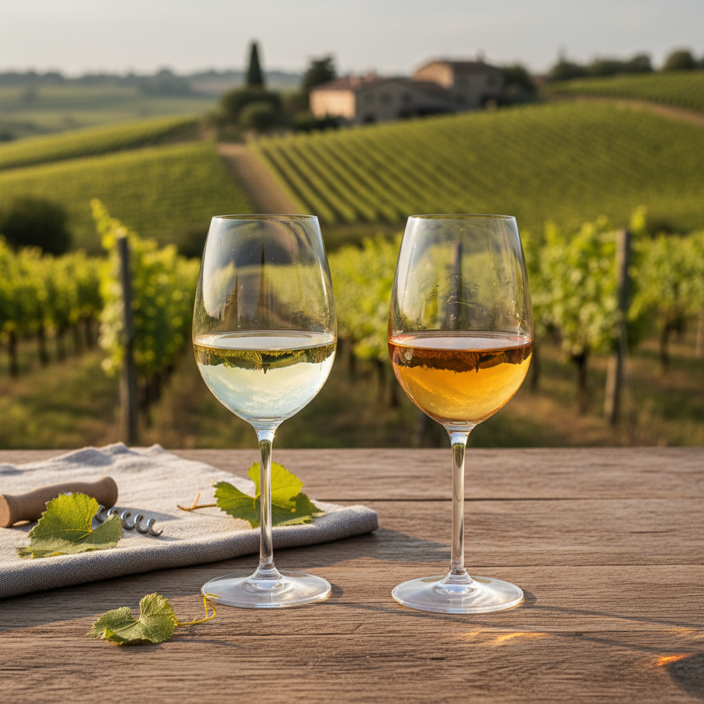 Duas taças de vinho branco, uma de Kerner e outra de Riesling, prontas para degustação em um cenário de vinhedo ensolarado.