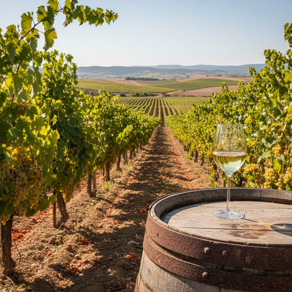 Vinhedo de Airén em La Mancha, Espanha, com um copo de vinho branco sobre um barril de madeira, simbolizando a tradição e a inovação na região.
