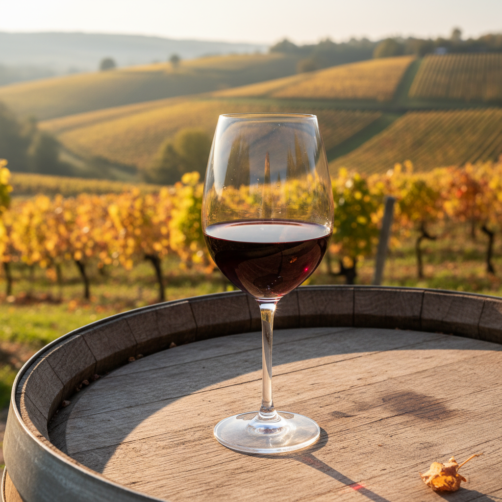 Taça de vinho Lemberger tinto de cor vibrante sobre um barril de carvalho, com vinhedos exuberantes ao fundo sob a luz do sol, misturando a estética de regiões vinícolas alemãs e americanas.