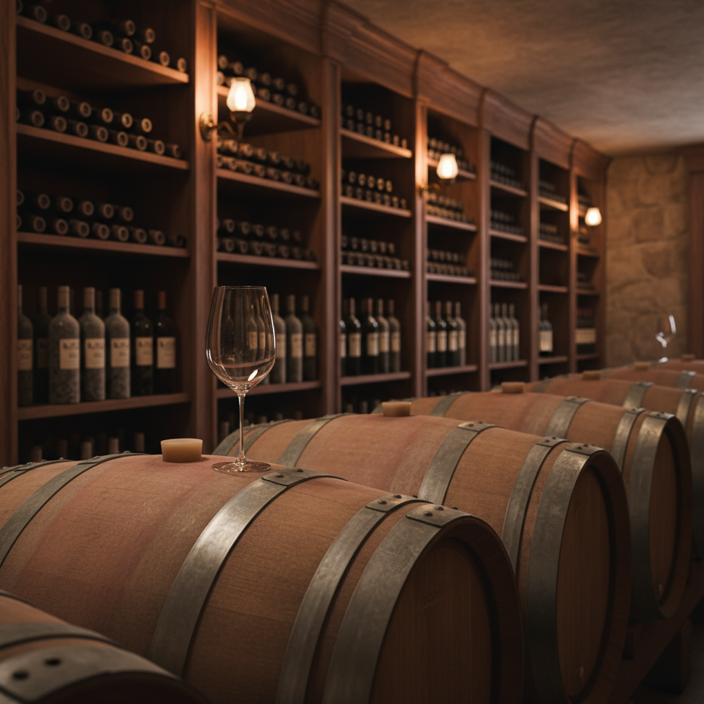Ambiente de adega elegante com garrafas de vinho e taça sobre barril de carvalho, simbolizando a longevidade do Chenin Blanc.