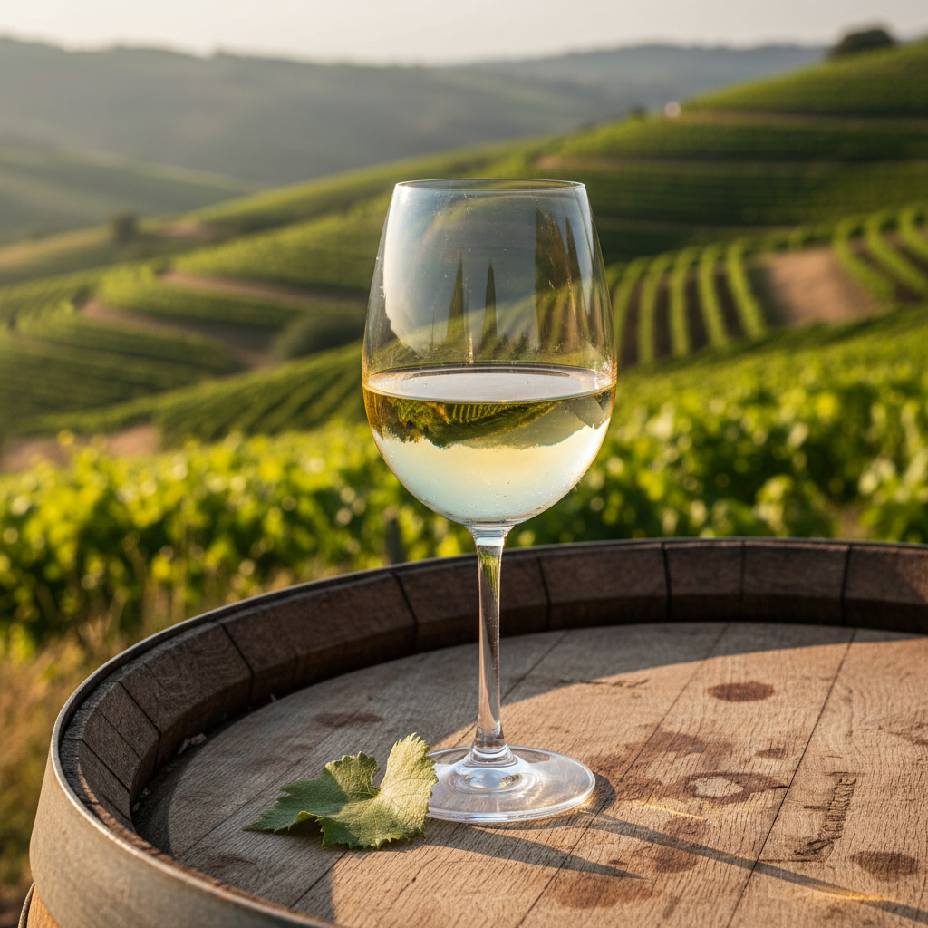 Taça de vinho branco português refletindo a luz do sol, com vinhas exuberantes ao fundo em Portugal, simbolizando a riqueza das uvas Loureiro e Alvarinho.