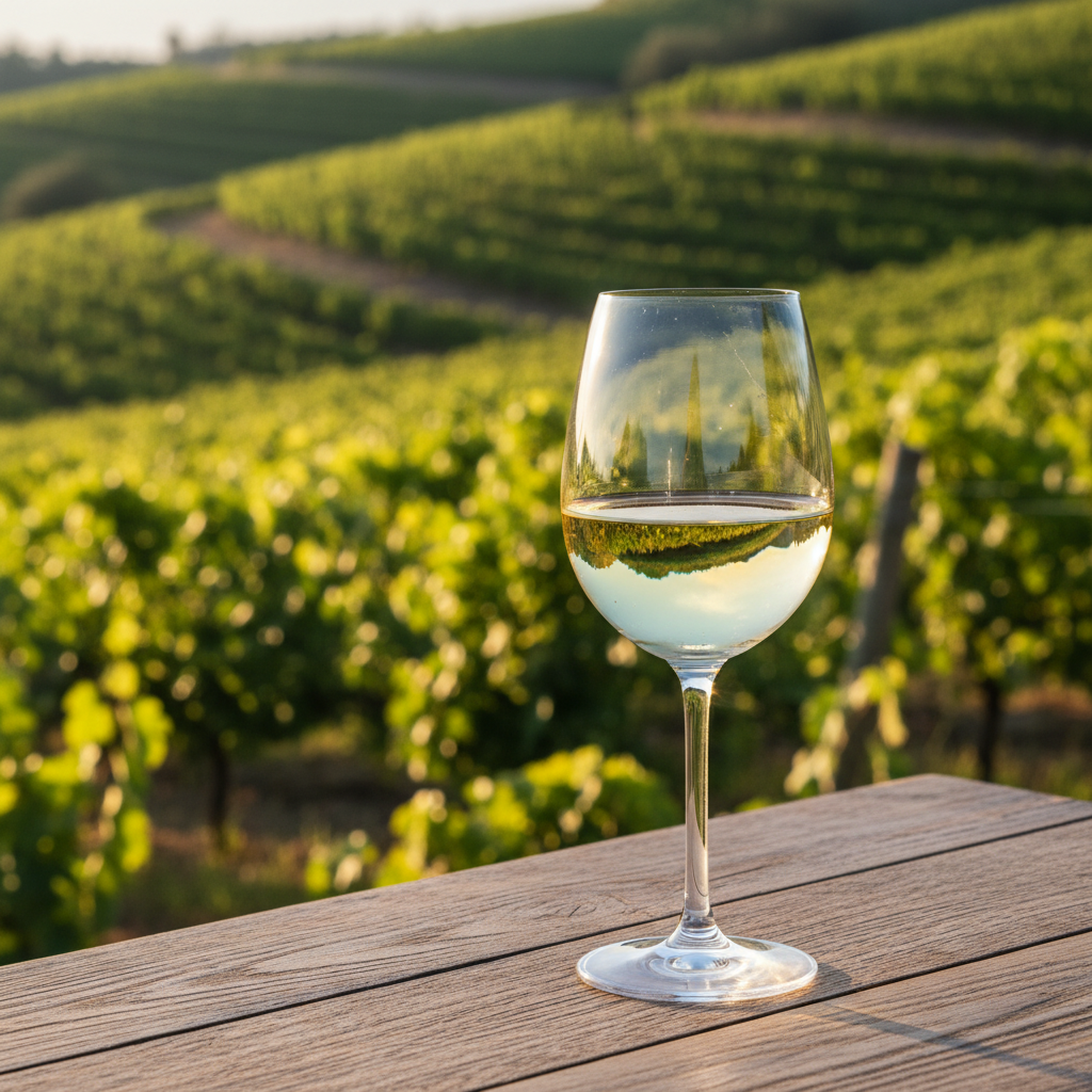Taça elegante de vinho branco Loureiro de cor amarelo-pálido em primeiro plano, com um vinhedo exuberante de castas Loureiro em Portugal ao fundo, sob a luz dourada do pôr do sol, evocando frescura e inovação.
