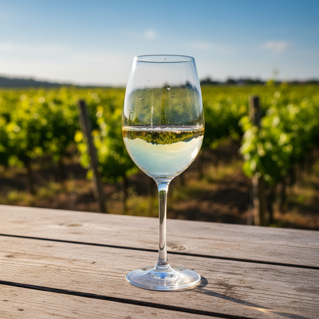 Taça de vinho Loureiro sobre mesa rústica em vinhedo ensolarado, com vinhas ao fundo.