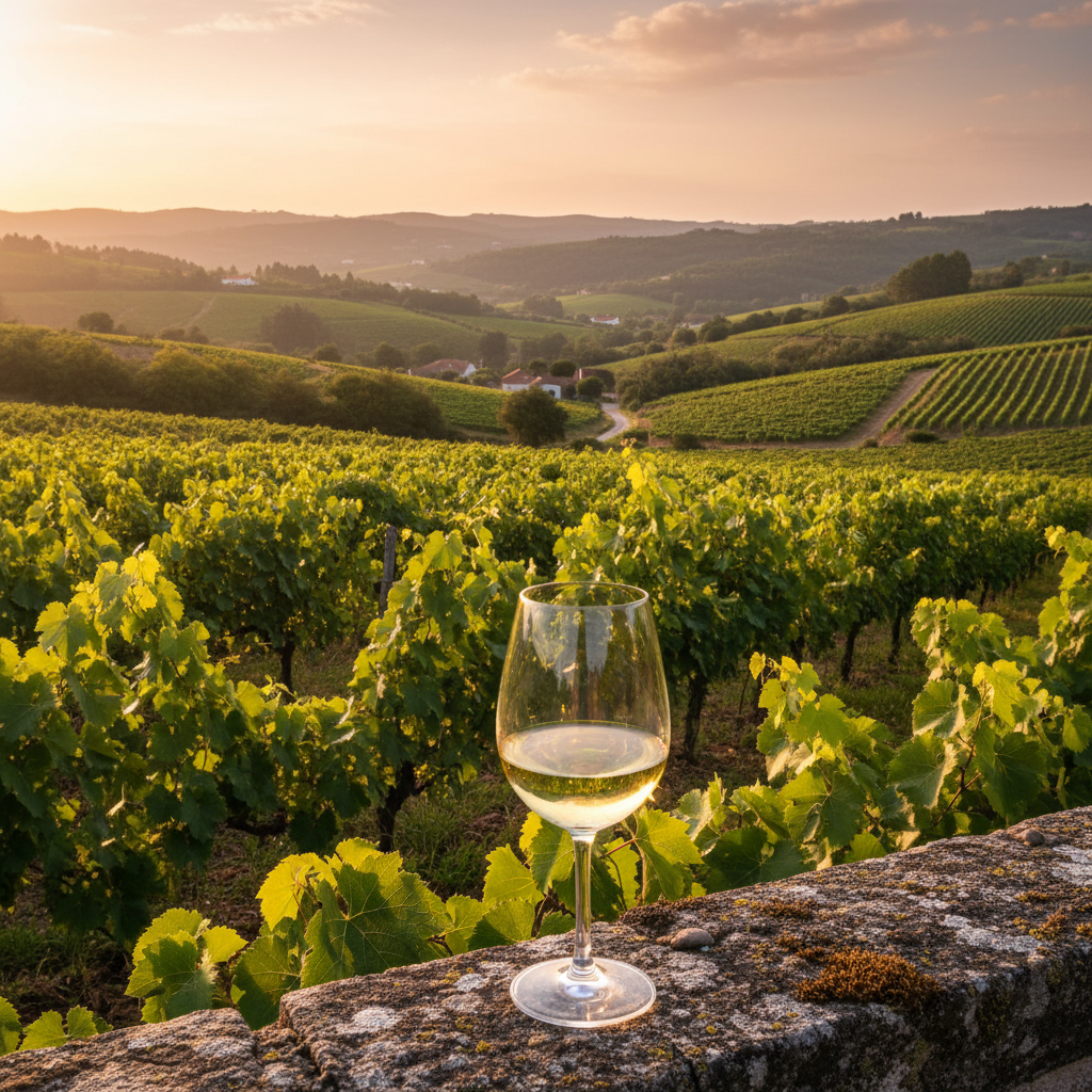 Vinhedo de Loureiro na região do Vinho Verde ao pôr do sol, com uma taça de vinho branco em primeiro plano sobre um muro de pedra.