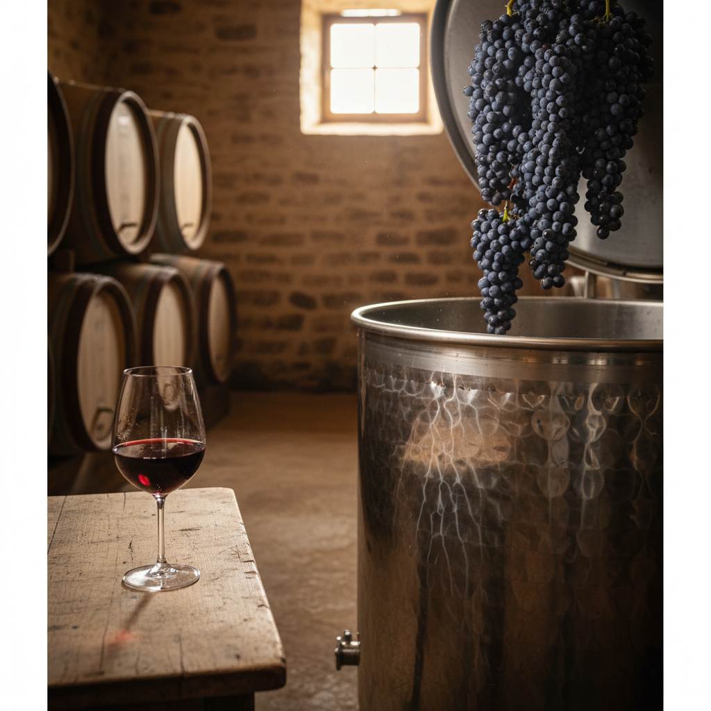 Cachos de uvas Gamay inteiras sendo preparadas para maceração carbônica em uma adega, com uma taça de vinho tinto vibrante ao lado.