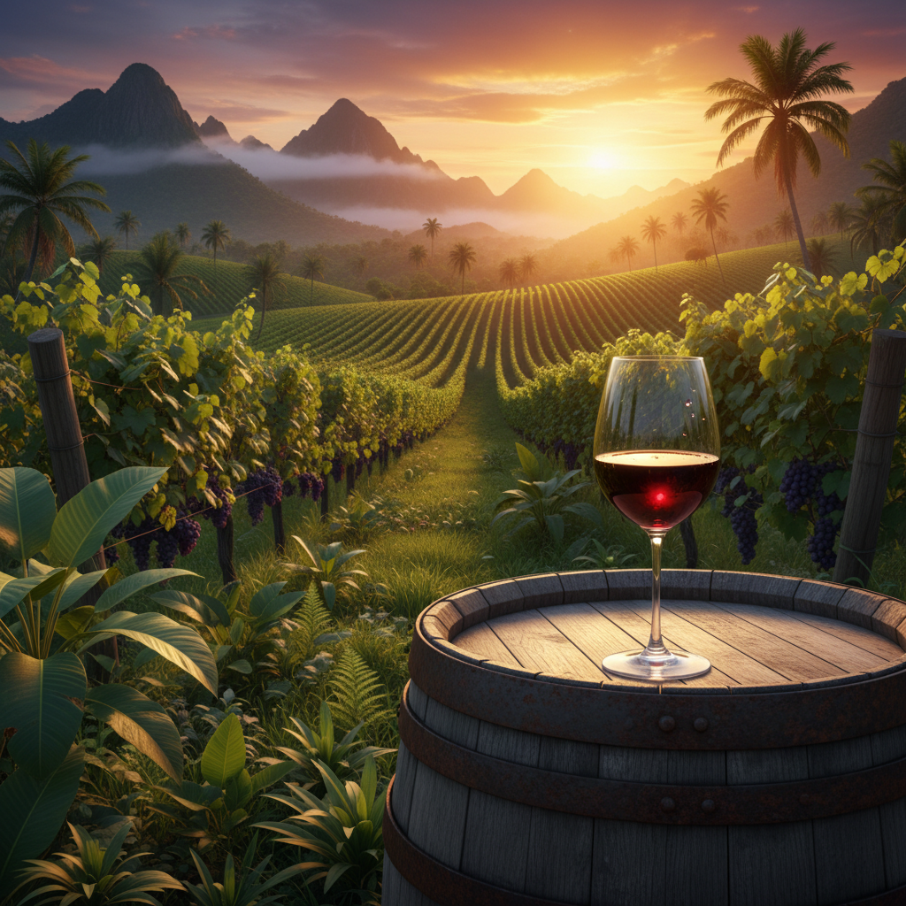 Vinhedo exuberante em Madagascar ao pôr do sol, com uma taça de vinho tinto sobre um barril de madeira, destacando a beleza das regiões produtoras tropicais.