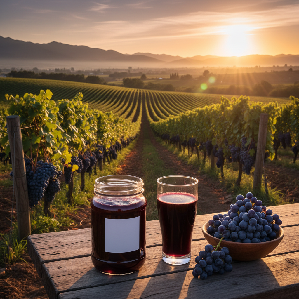 Vinhedo de Malbec ao pôr do sol com uvas maduras, geleia de uva Malbec, suco e uvas frescas em uma mesa rústica.