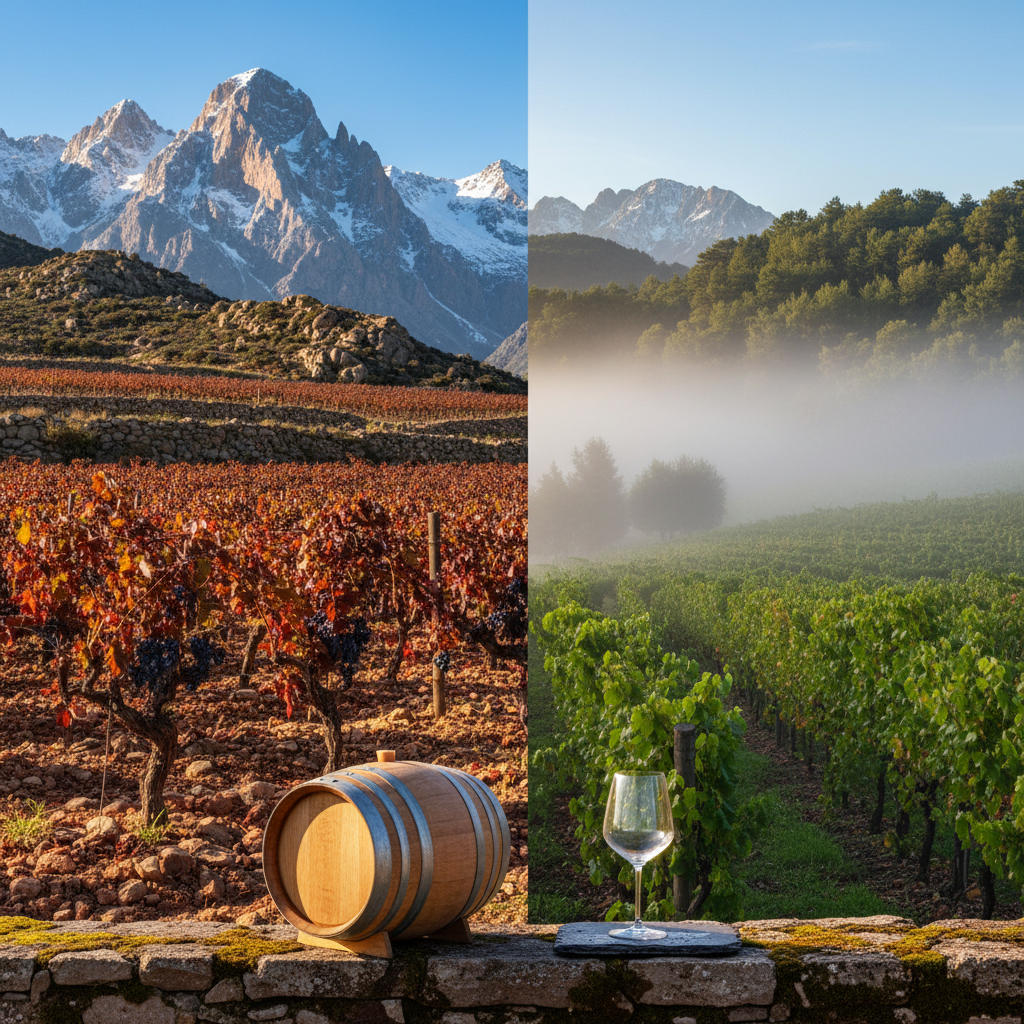 Vinhedos de Malbec em diferentes terroirs, com montanhas e neblina, e um barril de carvalho, simbolizando a diversidade e riqueza da uva Malbec fora de Mendoza.