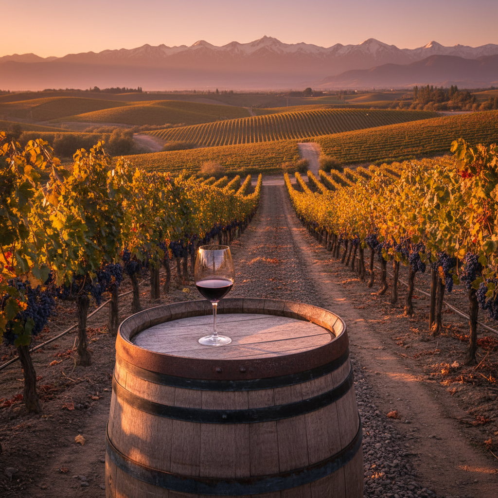 Vinhedo de Malbec em Mendoza ao pôr do sol, com um barril de carvalho rústico e uma taça de vinho tinto.