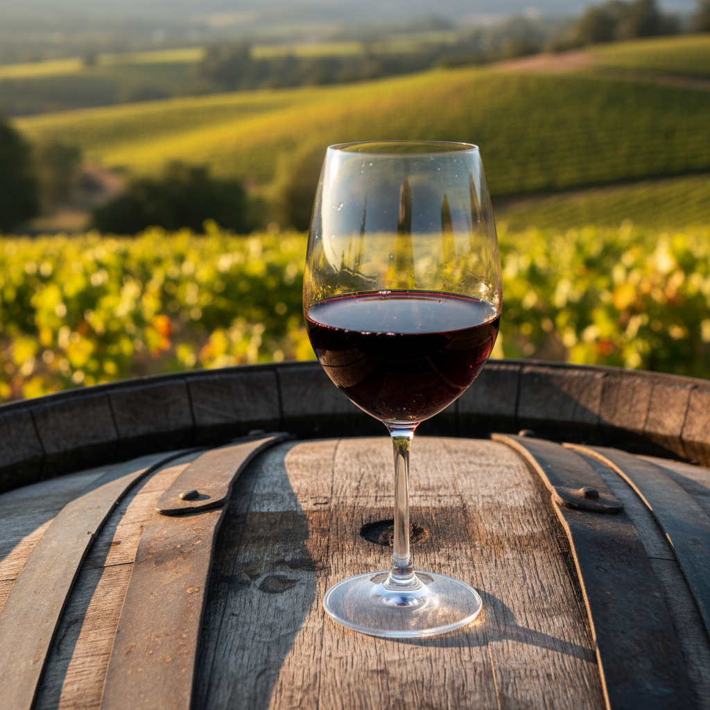 Taça de vinho Malbec de cor rubi intensa sobre um barril de carvalho, com um vinhedo ensolarado ao fundo.