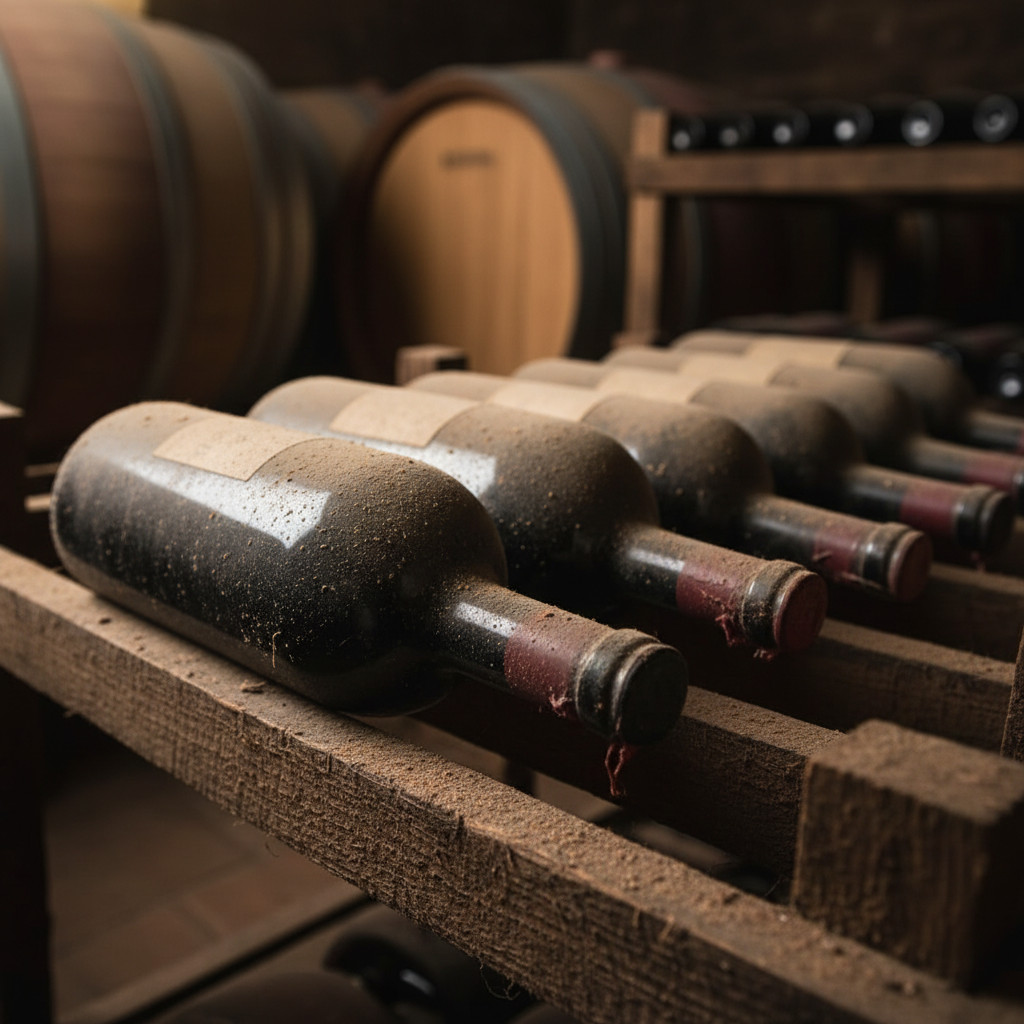 Garrafas de vinho Malbec empoeiradas e envelhecidas dispostas horizontalmente em prateleiras de madeira dentro de uma adega escura.