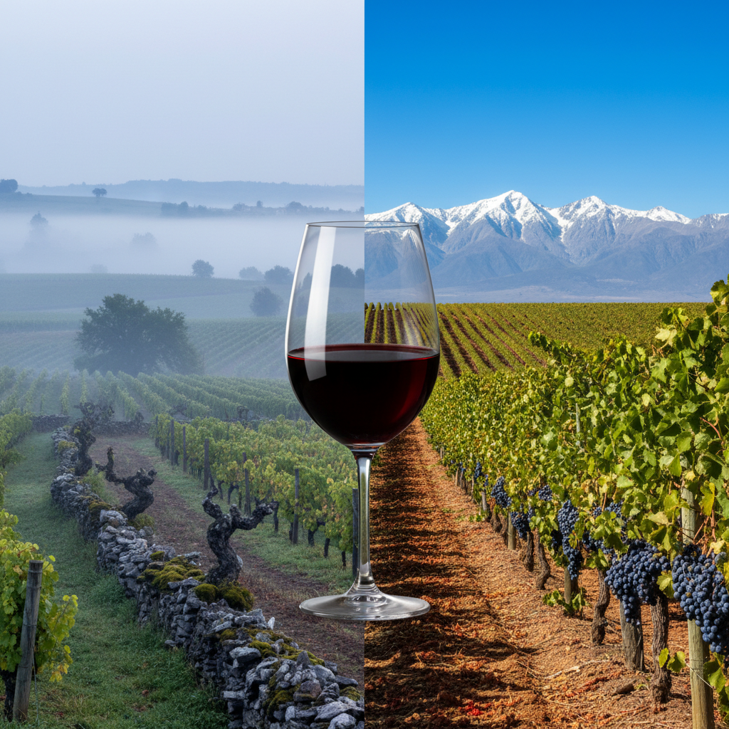 Imagem panorâmica de um vinhedo antigo em Cahors, França, transicionando para um moderno vinhedo de Malbec em Mendoza, Argentina, com os Andes ao fundo, e uma taça de vinho Malbec no centro.