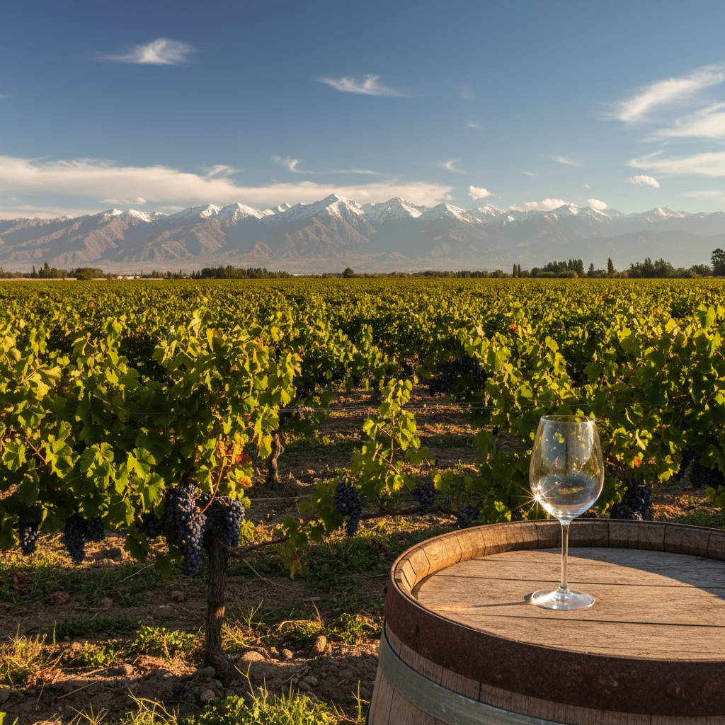 Vinhedo de Malbec ensolarado em Mendoza, Argentina, com a imponente Cordilheira dos Andes ao fundo e uma elegante taça de vinho sobre um barril rústico.