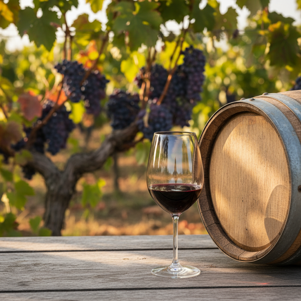 Vinhedo de Malbec com uvas maduras e uma taça de vinho tinto ao lado de um barril de carvalho, sob a luz do sol.