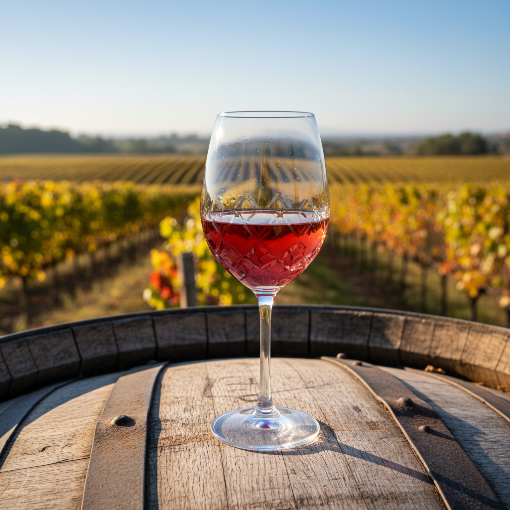 Taça de vinho Malbec Rosé sobre barril de carvalho com vinhedo ao fundo, sob luz natural.