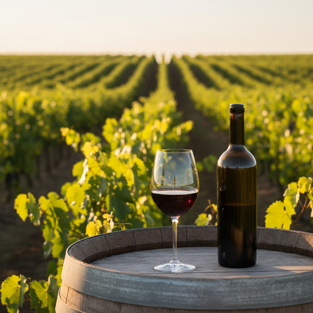 Taça de vinho Malbec e garrafa sobre barril de carvalho em vinhedo de Mendoza ao pôr do sol.