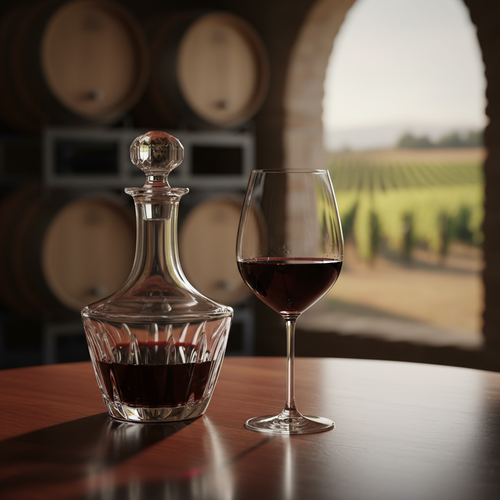 Taça de vinho Malbec ao lado de um decanter de cristal, sobre uma mesa de madeira, em um ambiente elegante de adega, pronta para degustação.