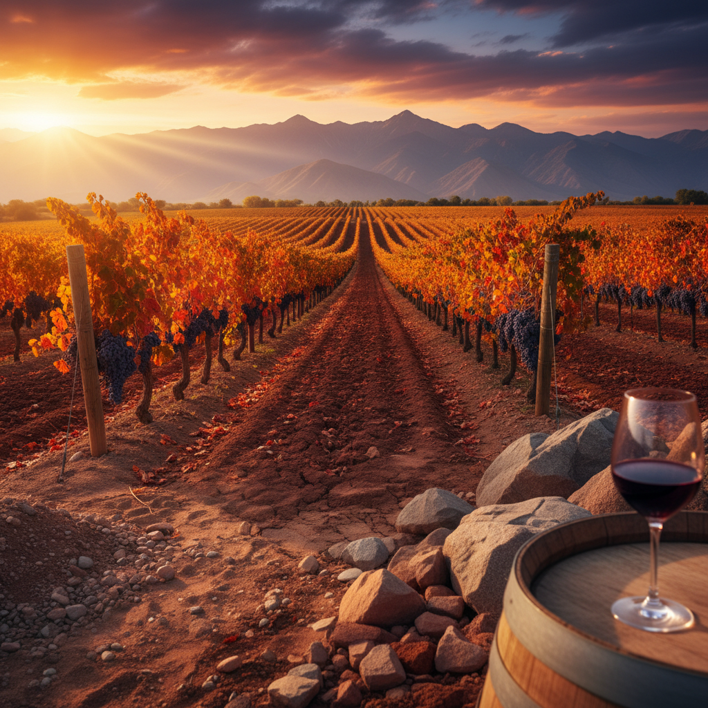 Vinhedo de Malbec ao pôr do sol, exibindo diferentes tipos de solo, montanhas ao fundo e um copo de vinho sobre um barril de madeira.