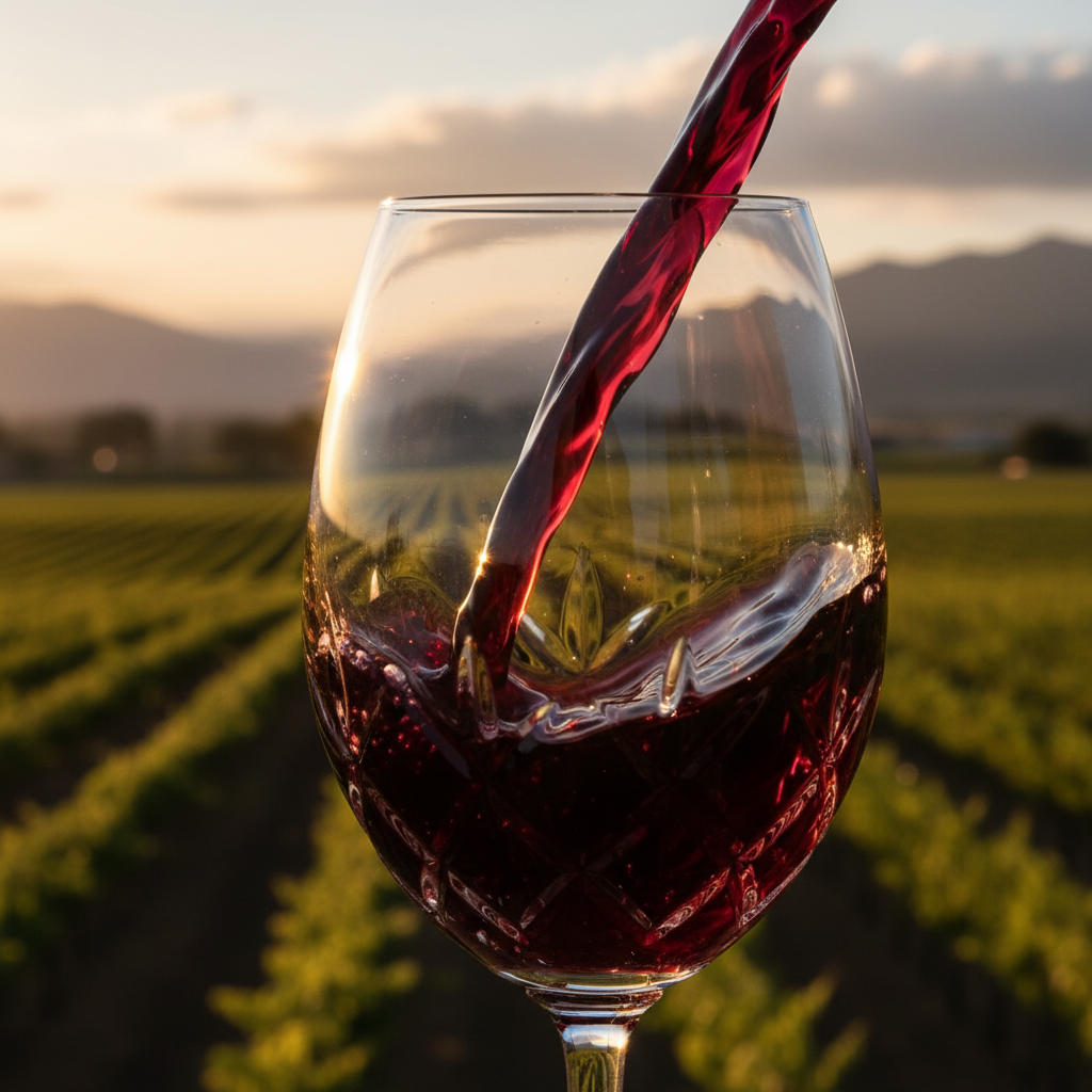 Taça de vinho Malbec com reflexos de um vinhedo argentino ao pôr do sol.