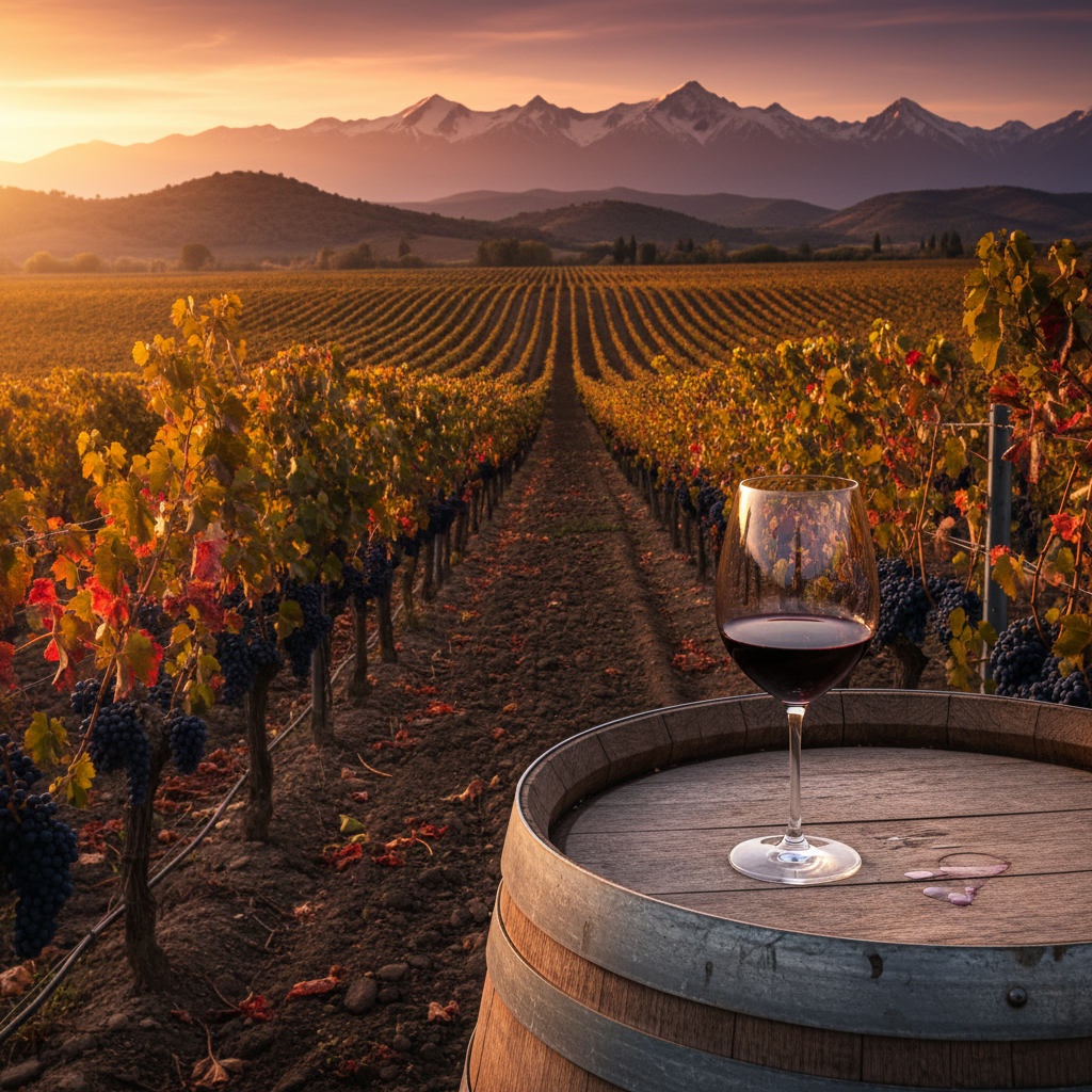 Um copo de vinho Malbec tinto sobre um barril de carvalho, com um vinhedo argentino ao pôr do sol e montanhas ao fundo.