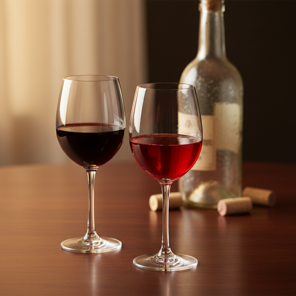 Duas taças de vinho tinto com tonalidades distintas sobre uma mesa de madeira escura, simbolizando a comparação entre Malbec e Cabernet Sauvignon.