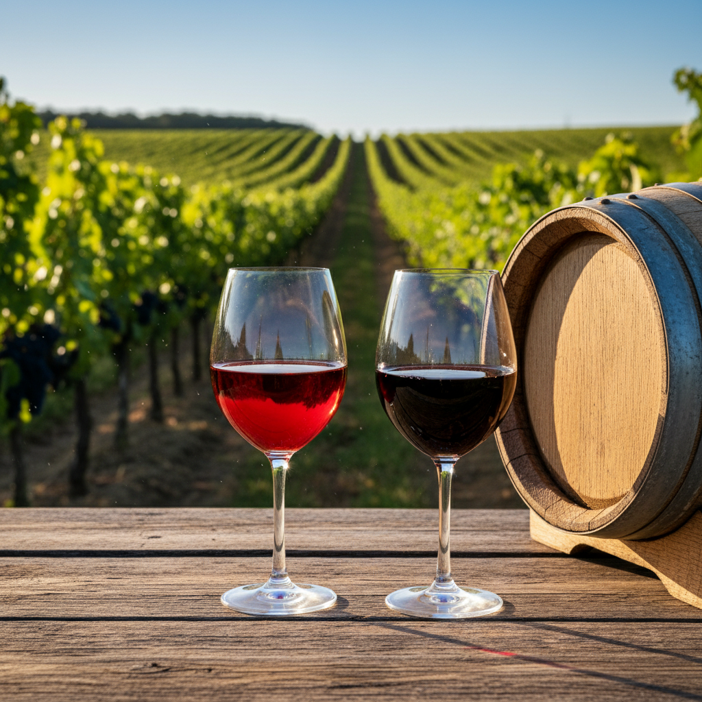 Duas taças de vinho tinto com tonalidades distintas (uma rubi, outra roxa escura) sobre uma mesa de madeira rústica, com um barril de vinho e um vinhedo ensolarado ao fundo.