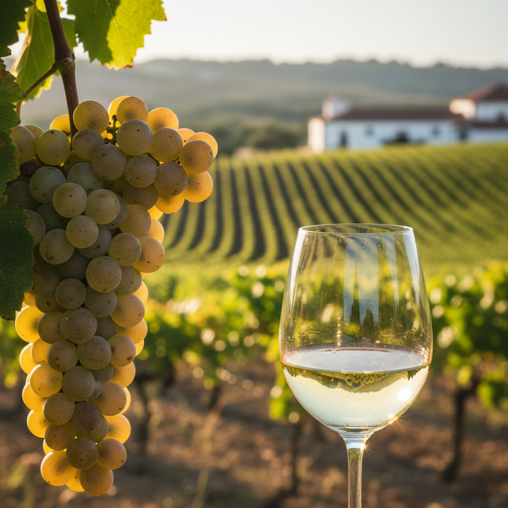 Cacho de uvas brancas Fernão Pires (Maria Gomes) em vinhedo português ensolarado, com taça de vinho branco ao fundo.