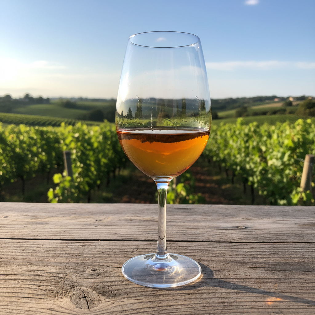 Taça de vinho Marsanne de cor dourada repousando sobre uma mesa rústica em um vinhedo ensolarado.
