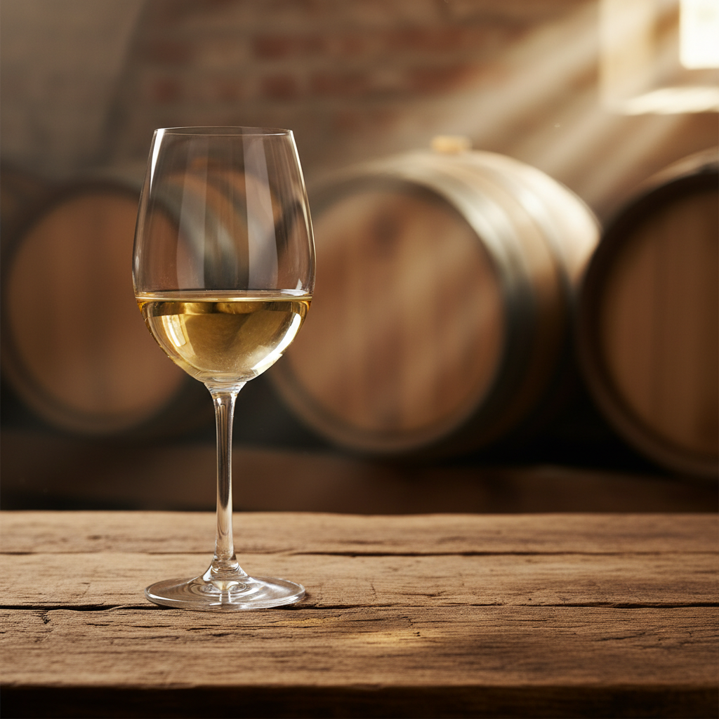 Taça de vinho Marsanne dourado sobre mesa rústica em adega com barris de carvalho ao fundo.