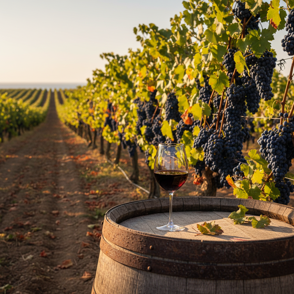 Vinhedo de Mataro (Mourvèdre/Monastrell) ao pôr do sol, com uma taça de vinho tinto sobre um barril de carvalho em primeiro plano, simbolizando a riqueza dos terroirs.