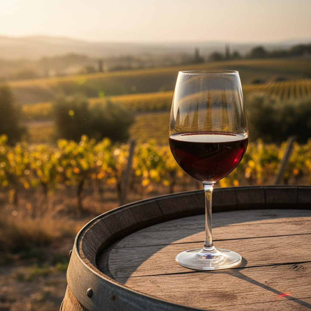 Taça de vinho Mavrodaphne, um vinho fortificado grego de cor rubi profunda, apoiada em um barril de madeira rústico, com um vinhedo ensolarado da Grécia ao fundo.