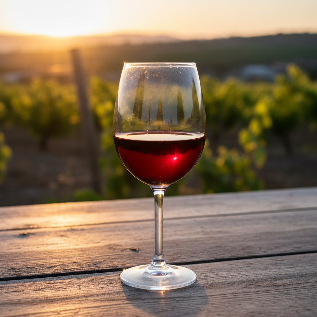 Taça de vinho Mavrodaphne tinto profundo em mesa de madeira rústica com vinhedo grego ao pôr do sol desfocado ao fundo.