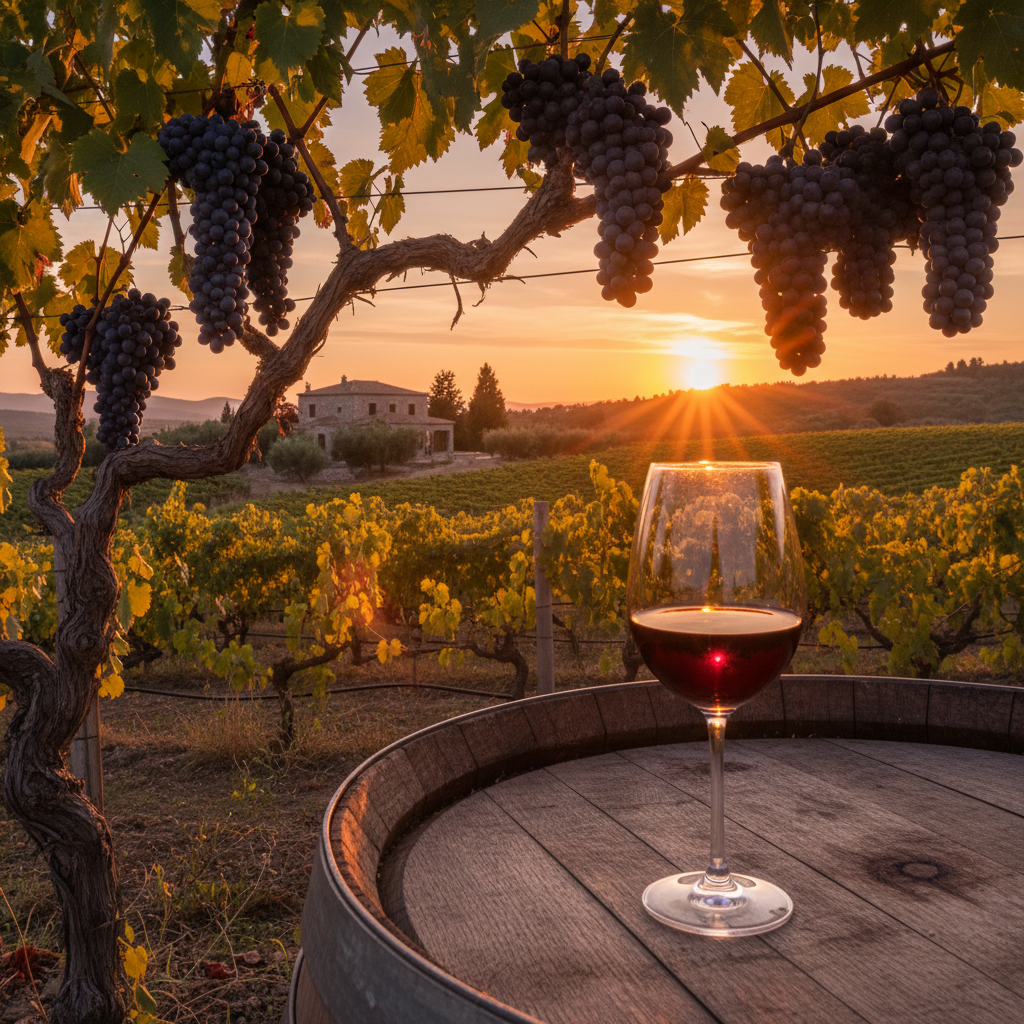 Vinhedo grego de Mavrodaphne ao pôr do sol, com taça de vinho tinto profundo sobre um barril de carvalho.