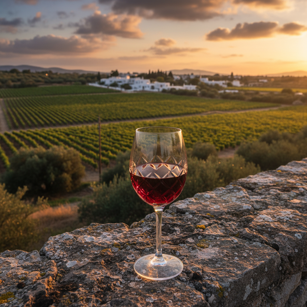 Taça de vinho tinto profundo sobre um muro de pedra rústico, com um vinhedo grego exuberante e montanhas distantes sob a luz do pôr do sol.
