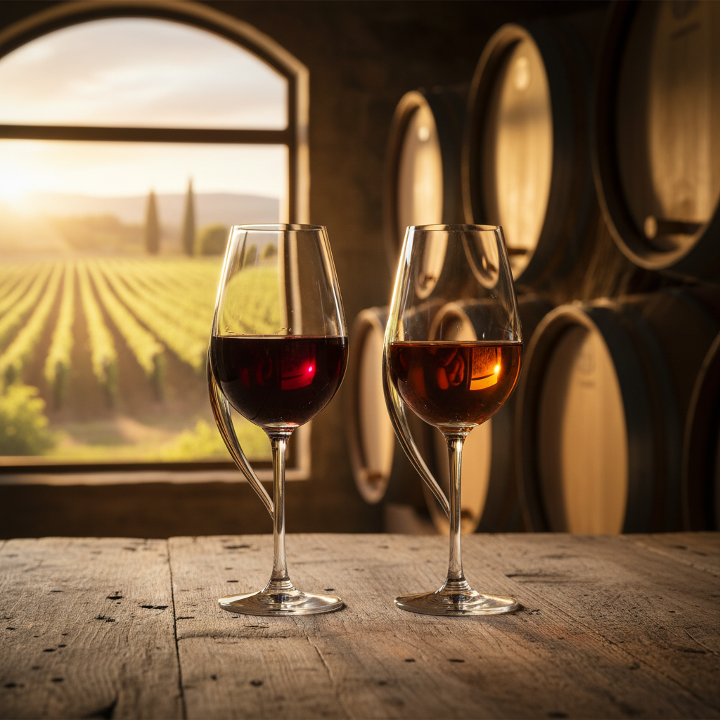 Duas taças de vinho fortificado (uma com Mavrodaphne, outra com Porto) sobre uma mesa de madeira rústica, com um vinhedo ao pôr do sol ou barris de vinho ao fundo.