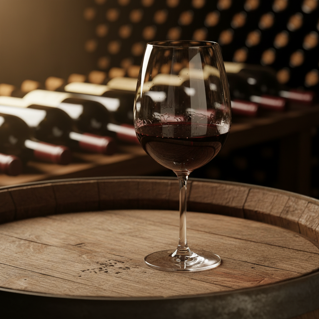 Uma taça elegante de vinho Pinot Noir repousando sobre um barril de carvalho em uma adega sofisticada, com garrafas de vinho ao fundo.