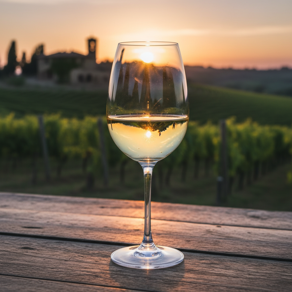 Taça de vinho branco Fiano com reflexos dourados em ambiente de vinhedo italiano ao entardecer.
