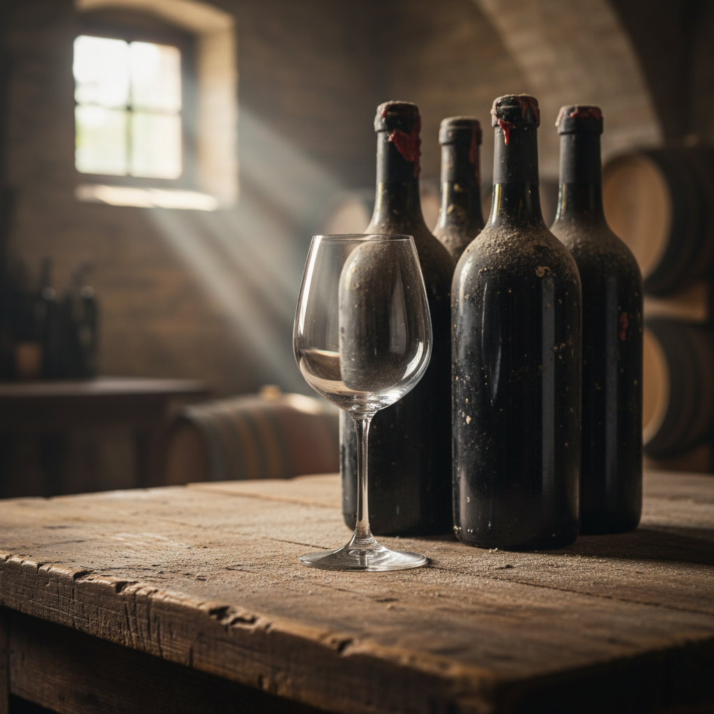 Garrafas de vinho Nebbiolo envelhecidas em uma adega tradicional italiana, com um copo elegante sobre uma mesa de madeira.