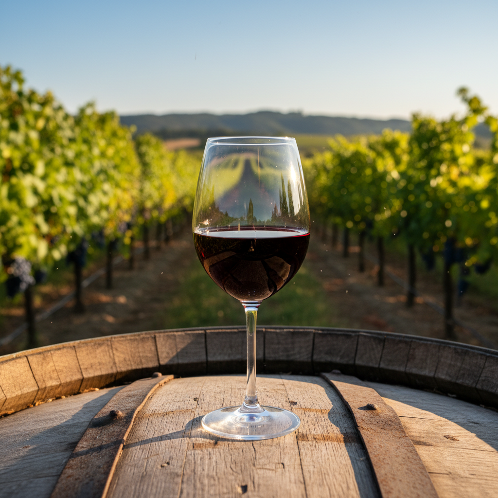 Taça de vinho Aleatico de cor rubi intensa sobre um barril de madeira rústico, com um vinhedo italiano ensolarado ao fundo.