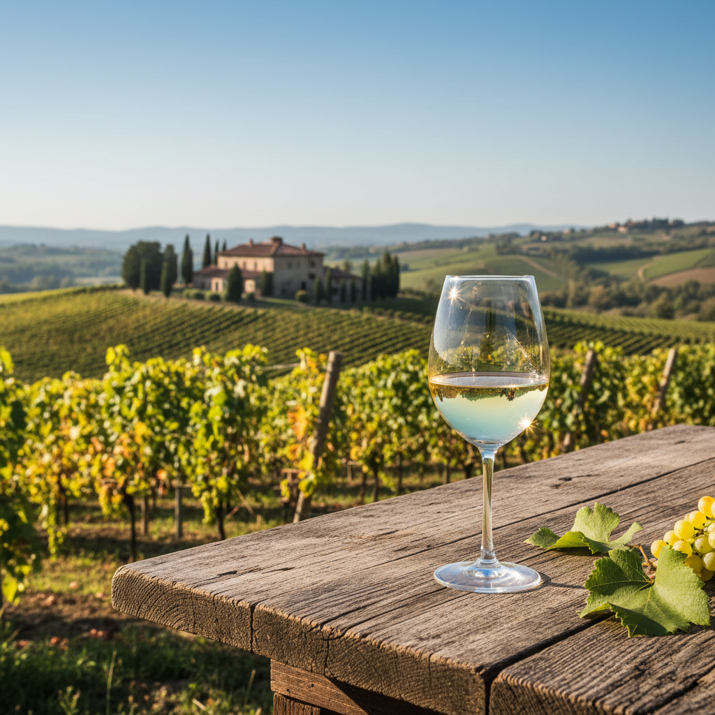 Vinhedo de Arneis no Piemonte ao pôr do sol, com uma taça de vinho branco Arneis em primeiro plano e uma adega tradicional ao fundo.