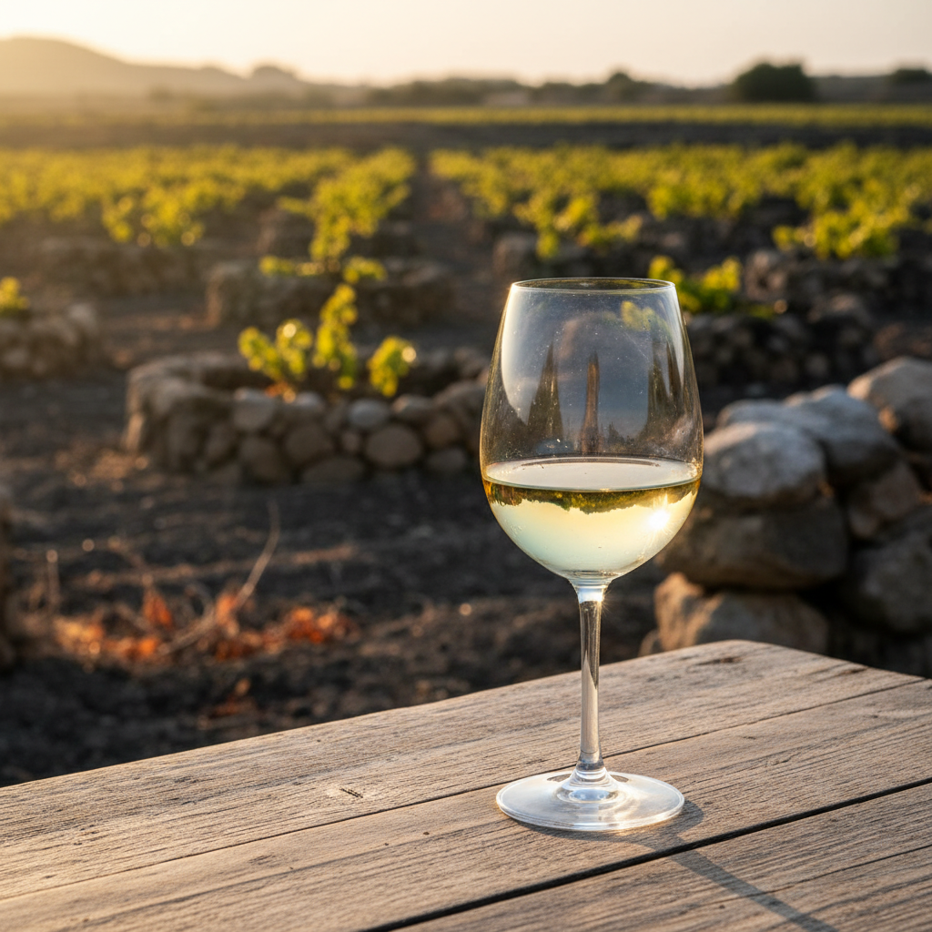Taça de vinho Assyrtiko em mesa rústica, com vinhedo de Santorini e mar Egeu ao fundo.