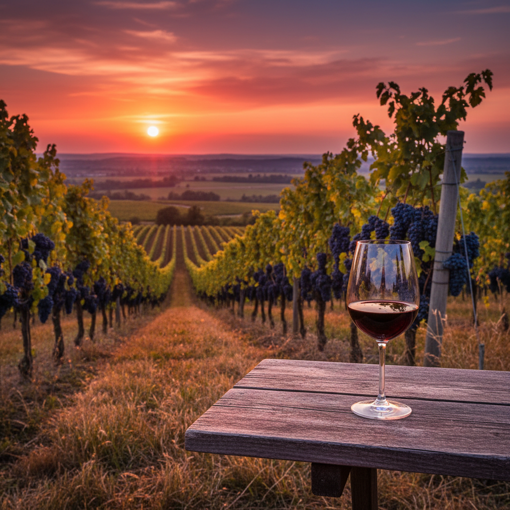 Vinhedo de Blaufränkisch ao pôr do sol com uvas roxas e uma taça de vinho tinto na mesa de madeira.